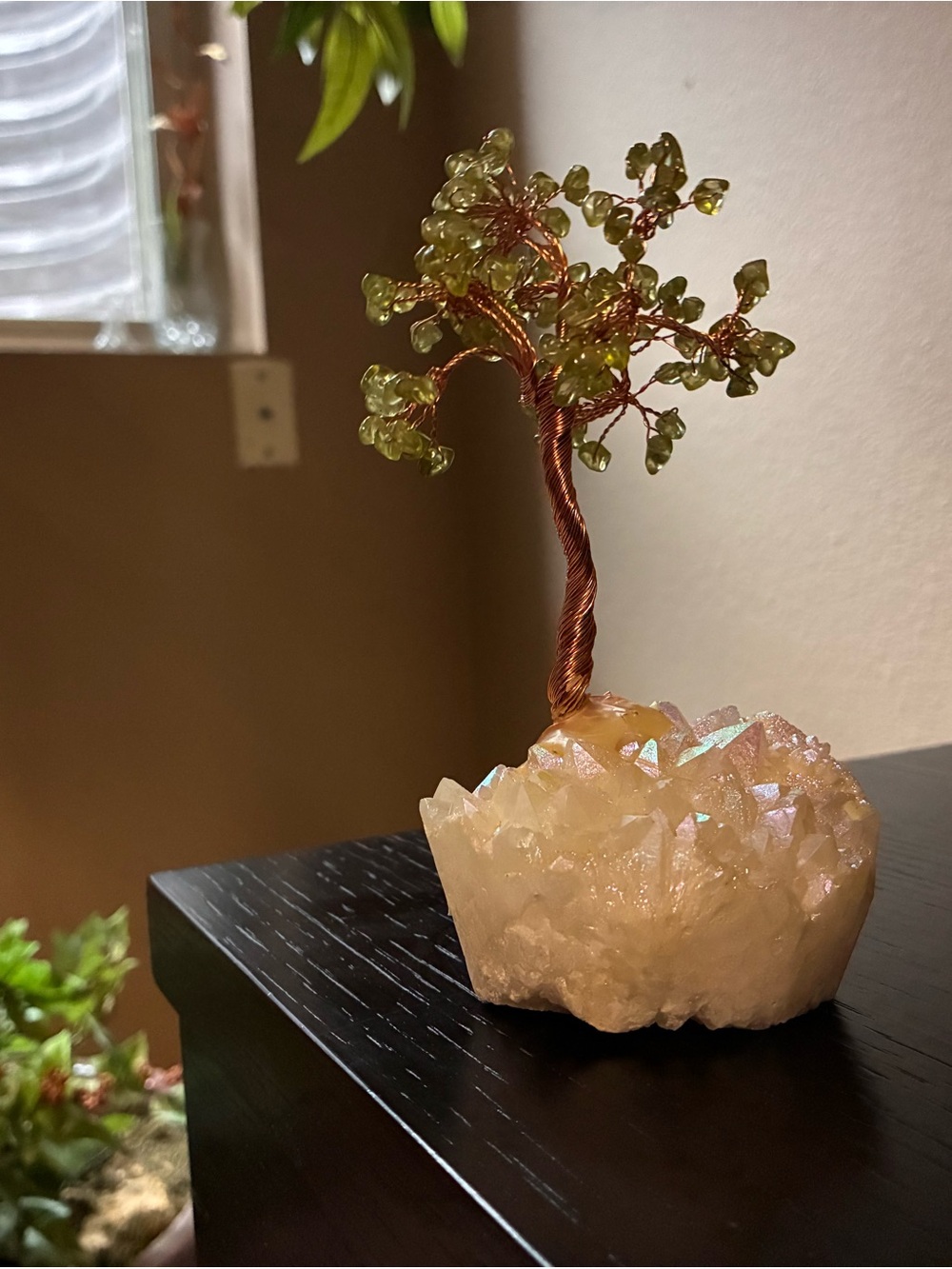 Handmade precious stone Tree Sculpture with peridot chips and angel quartz